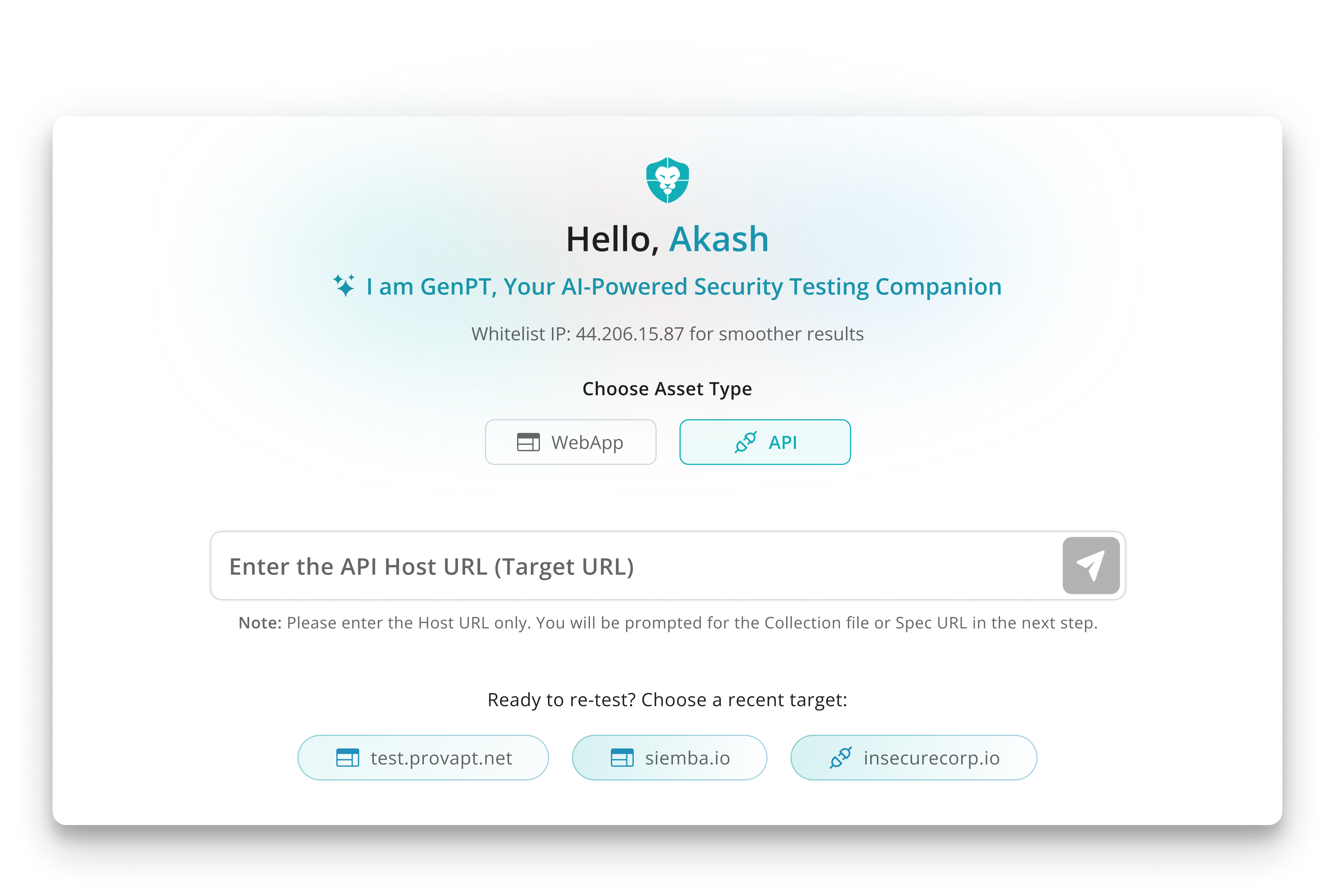DAST engine start screen: choose WebApp or API, enter a host URL, or pick a recent target to re-test