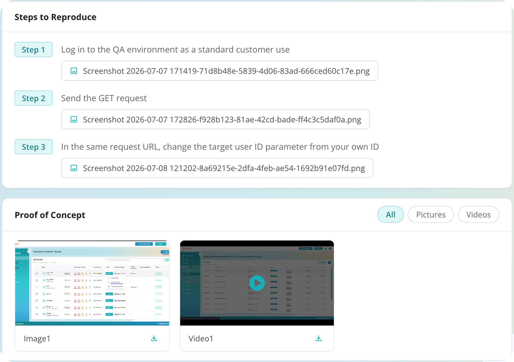 Subtitled video POC of a finding, showing the exploit and the retest after the fix